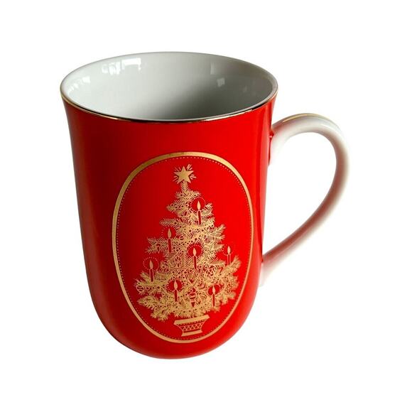 Otagiri Christmas Gibson Porcelain Cup Red Gold Tree Mug Holidays 4" Tall Japan - Picture 9 of 11